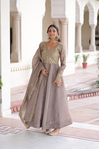 Gray Gold Crush Anarkali Gown ClothsVilla