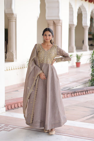 Gray Gold Crush Anarkali Gown ClothsVilla
