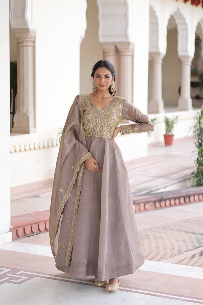 Gray Gold Crush Anarkali Gown ClothsVilla