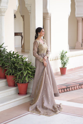 Gray Gold Crush Anarkali Gown ClothsVilla