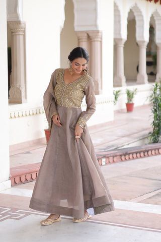 Gray Gold Crush Anarkali Gown ClothsVilla