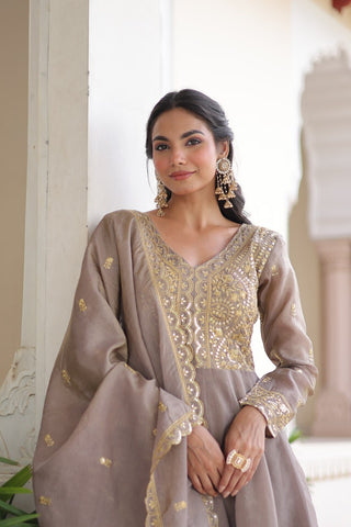 Gray Gold Crush Anarkali Gown ClothsVilla