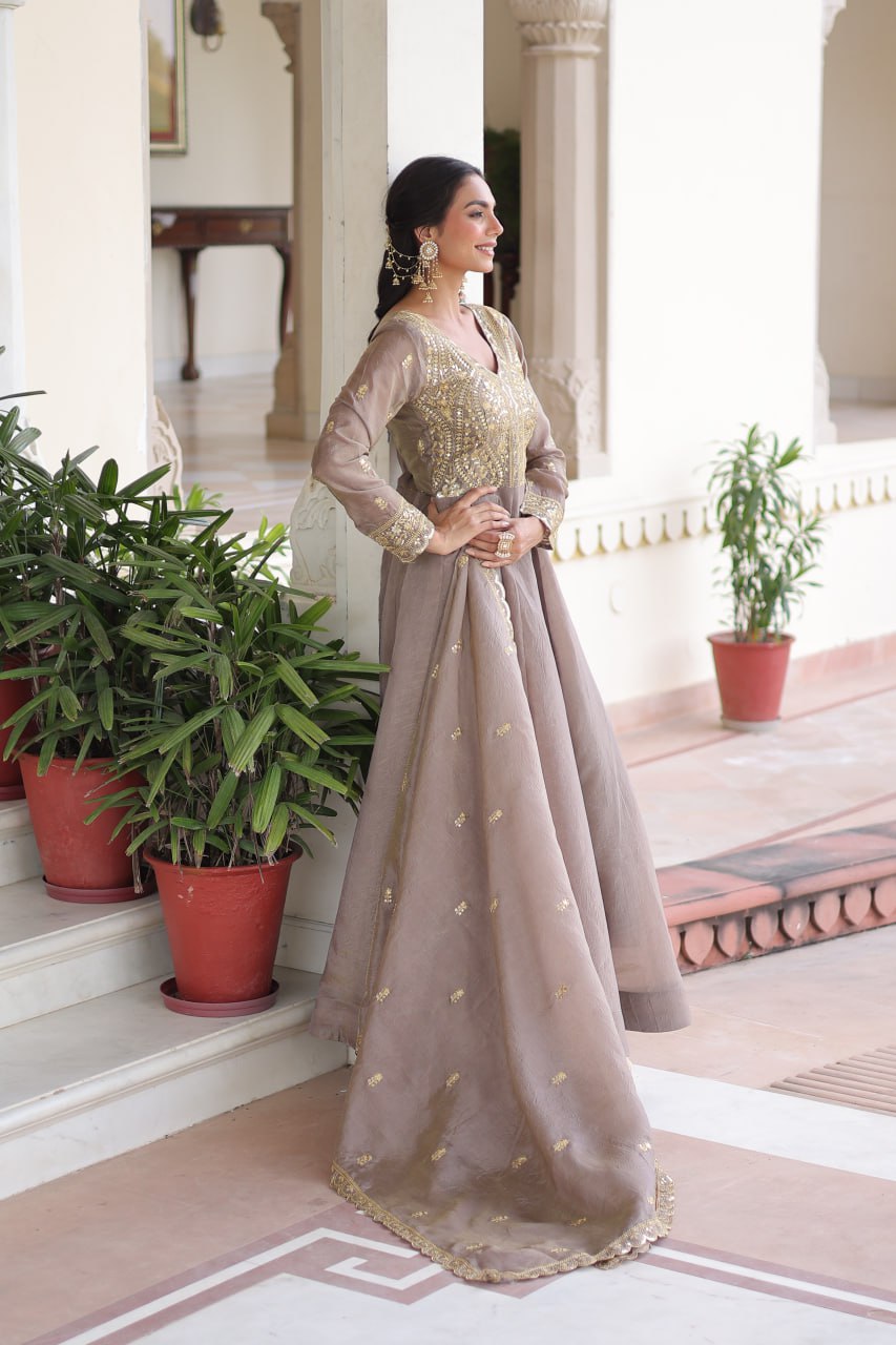 Gray Gold Crush Anarkali Gown ClothsVilla