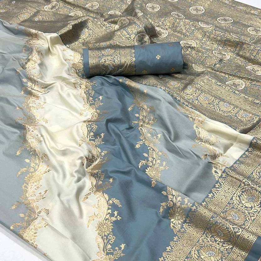 Gray Graceful Art Silk Printed Handloom Saree with Unstitched Blouse Piece ClothsVilla