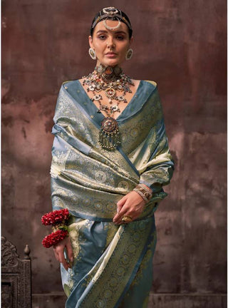 Gray Graceful Art Silk Printed Handloom Saree with Unstitched Blouse Piece ClothsVilla