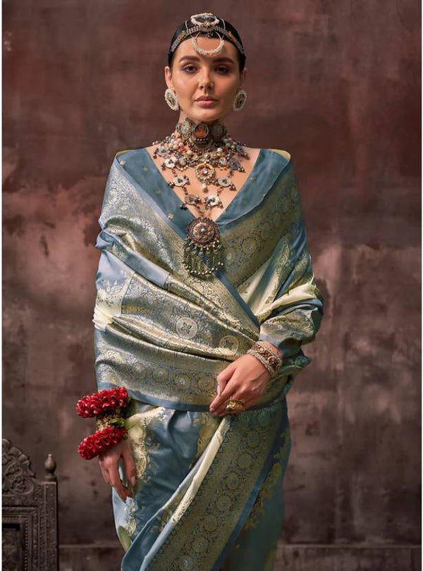 Gray Graceful Art Silk Printed Handloom Saree with Unstitched Blouse Piece ClothsVilla