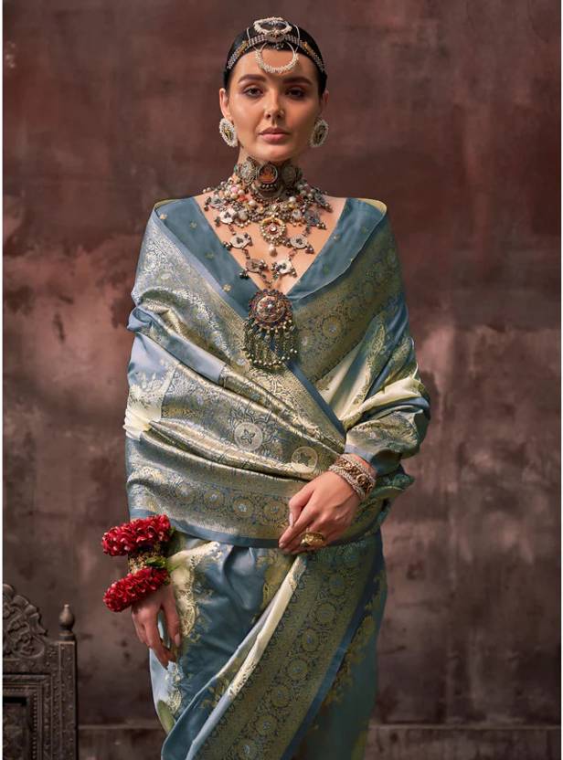 Gray Graceful Art Silk Printed Handloom Saree with Unstitched Blouse Piece ClothsVilla