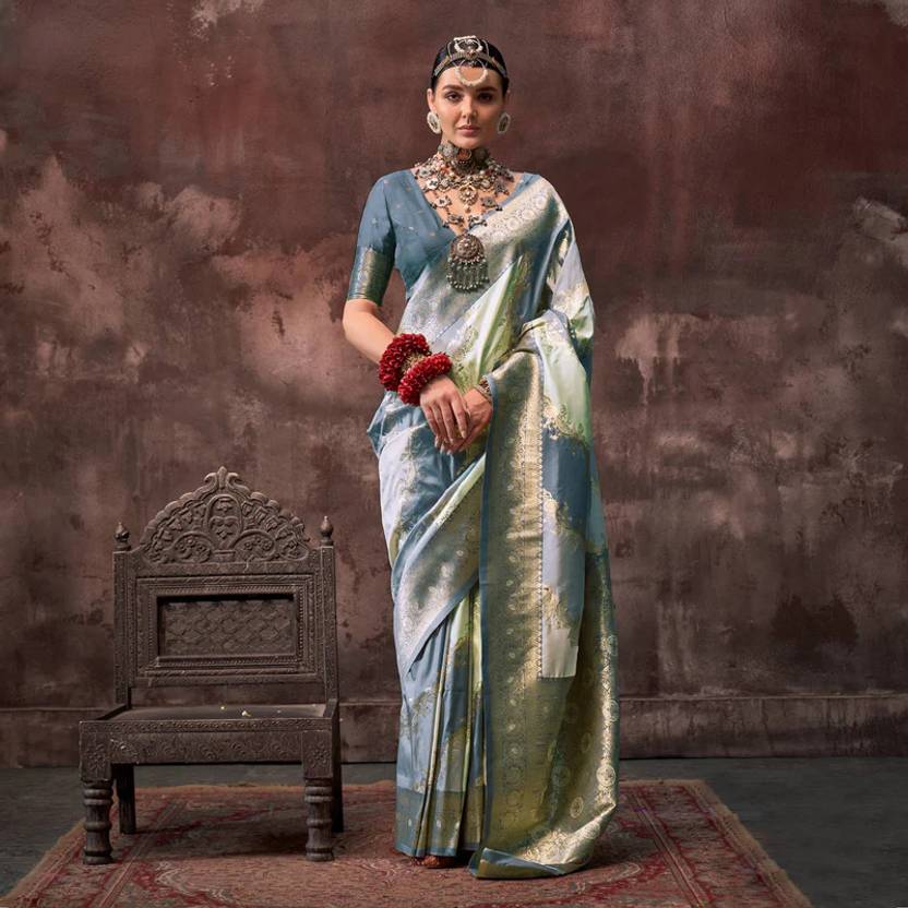 Gray Graceful Art Silk Printed Handloom Saree with Unstitched Blouse Piece ClothsVilla