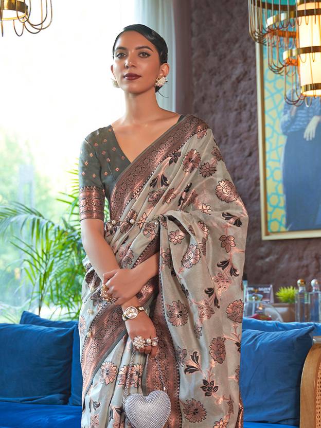 Gray Graceful Bollywood Style Organza Saree with Unstitched Blouse Piece ClothsVilla