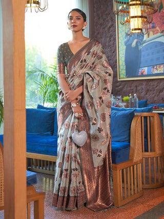 Gray Graceful Bollywood Style Organza Saree with Unstitched Blouse Piece ClothsVilla