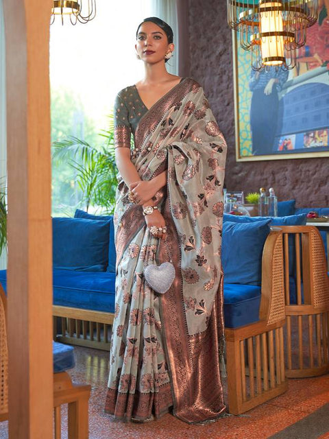 Gray Graceful Bollywood Style Organza Saree with Unstitched Blouse Piece ClothsVilla Main image