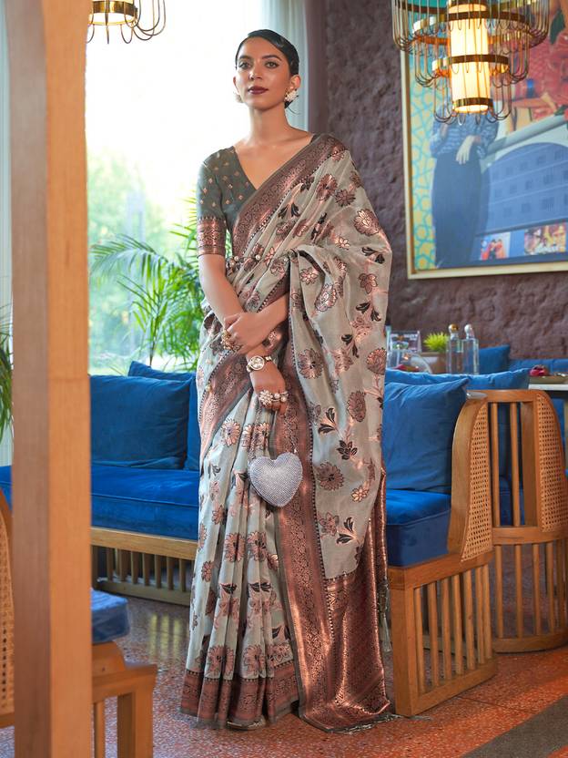 Gray Graceful Bollywood Style Organza Saree with Unstitched Blouse Piece ClothsVilla