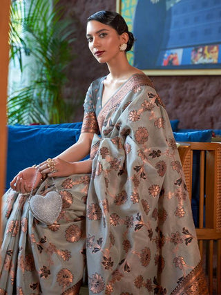 Gray Graceful Bollywood Style Organza Saree with Unstitched Blouse Piece ClothsVilla