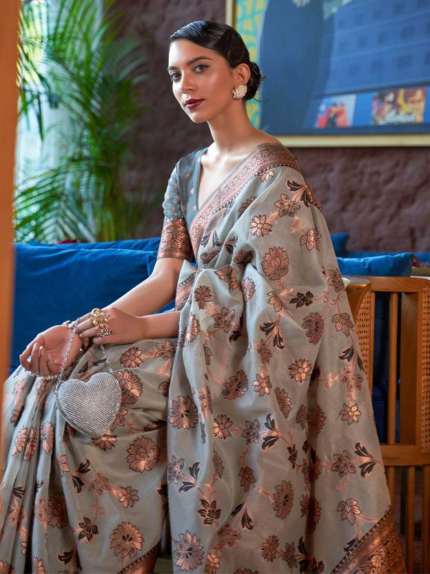 Gray Graceful Bollywood Style Organza Saree with Unstitched Blouse Piece ClothsVilla