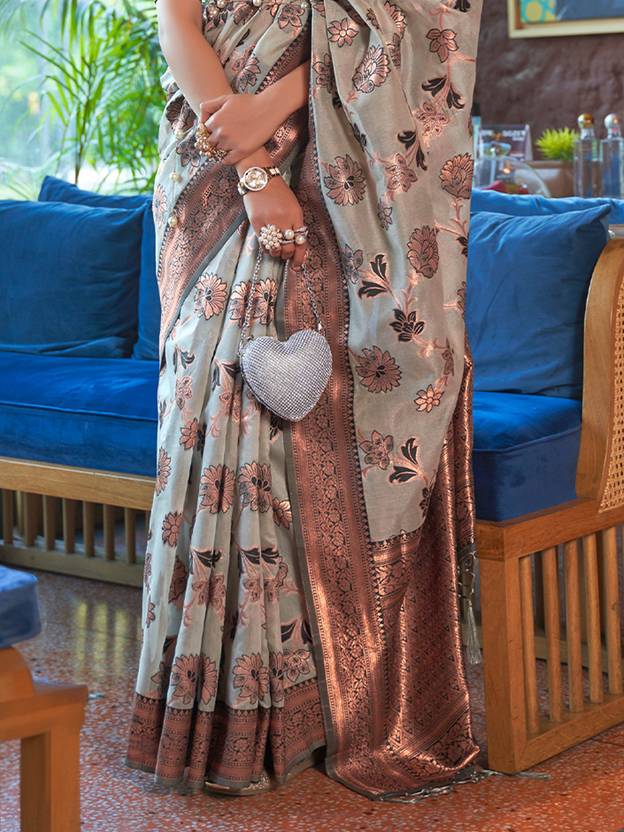 Gray Graceful Bollywood Style Organza Saree with Unstitched Blouse Piece ClothsVilla