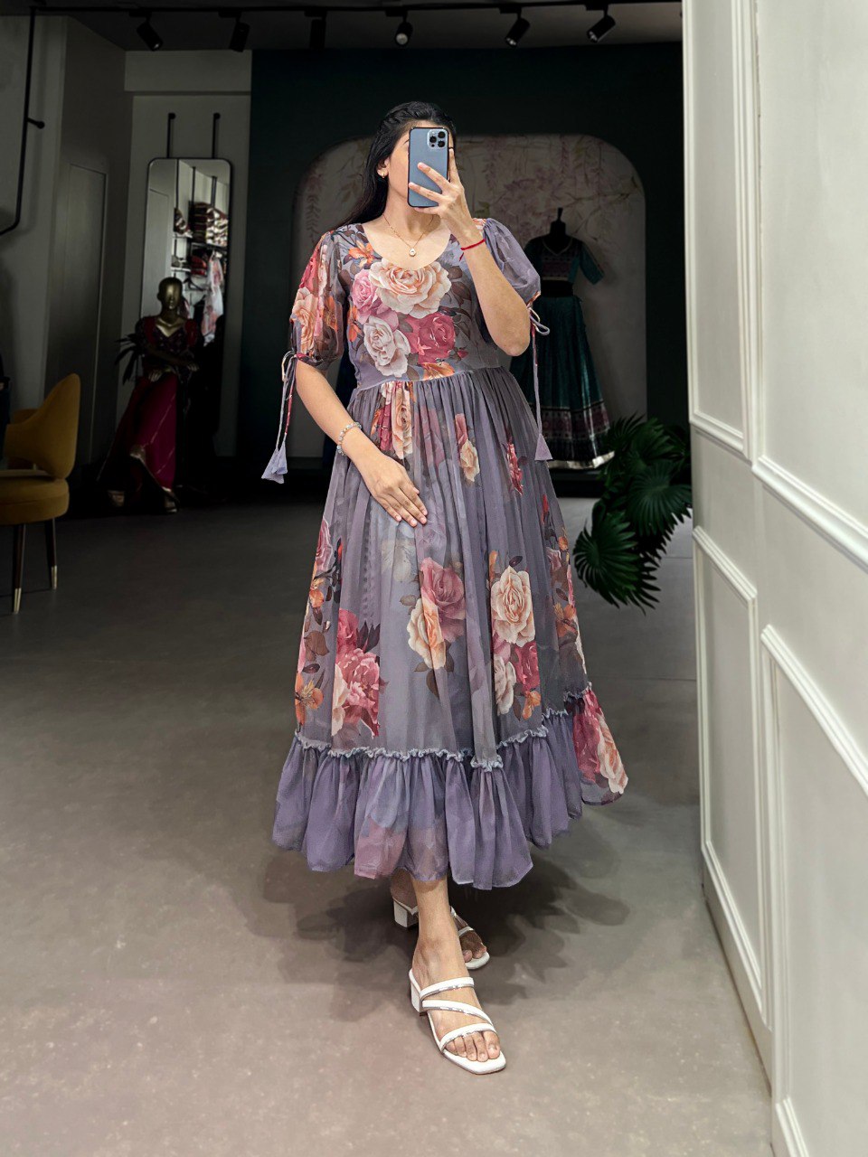 Gray Graceful Floral Georgette Frock – Ethnic Summer Collection