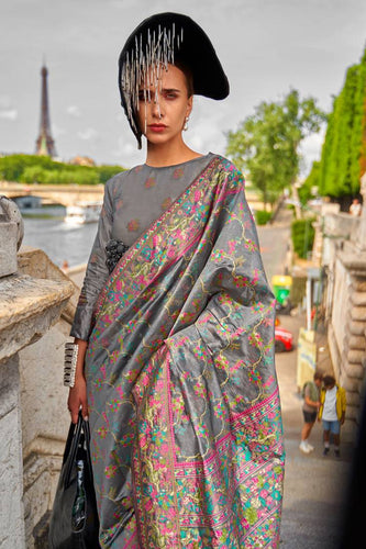 Gray Graceful Organza Silk Parsi Handloom Weaving Saree with Blouse Piece ClothsVilla