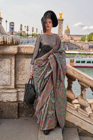 Gray Graceful Organza Silk Parsi Handloom Weaving Saree with Blouse Piece ClothsVilla