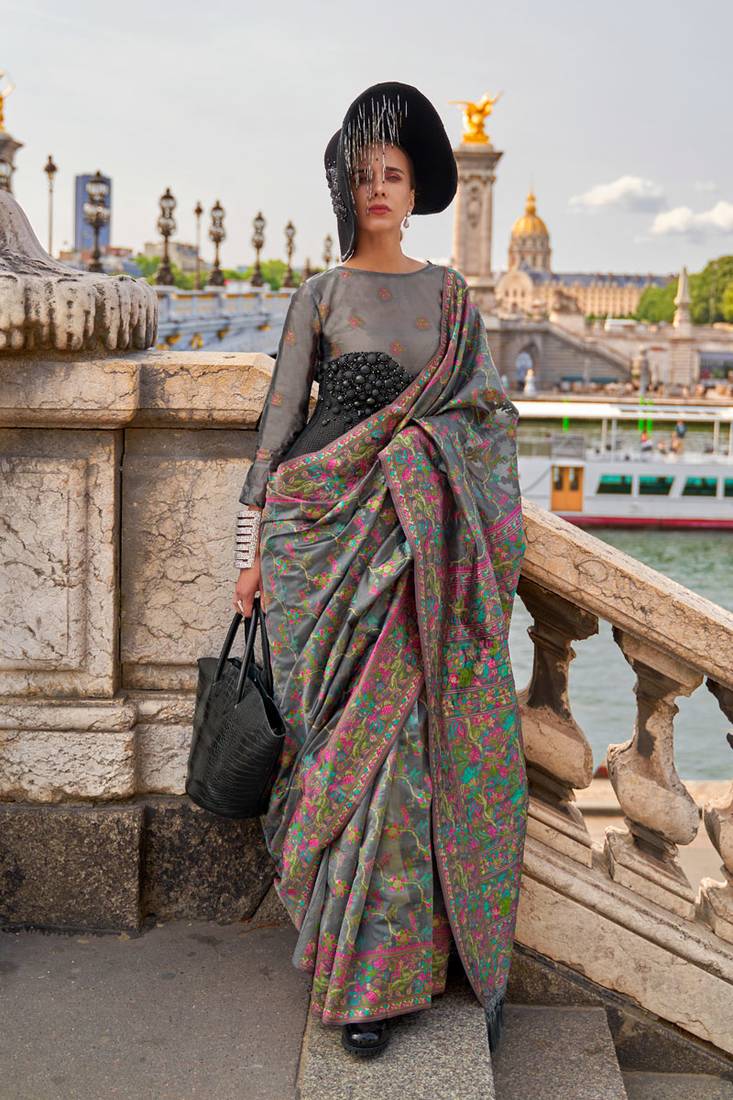 Gray Graceful Organza Silk Parsi Handloom Weaving Saree with Blouse Piece ClothsVilla Main image