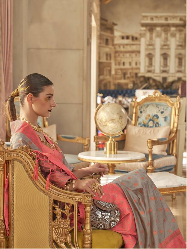 Gray Graceful Woven Banarasi Silk Blend Saree with Tassel Detailing ClothsVilla