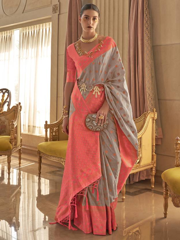 Gray Graceful Woven Banarasi Silk Blend Saree with Tassel Detailing ClothsVilla