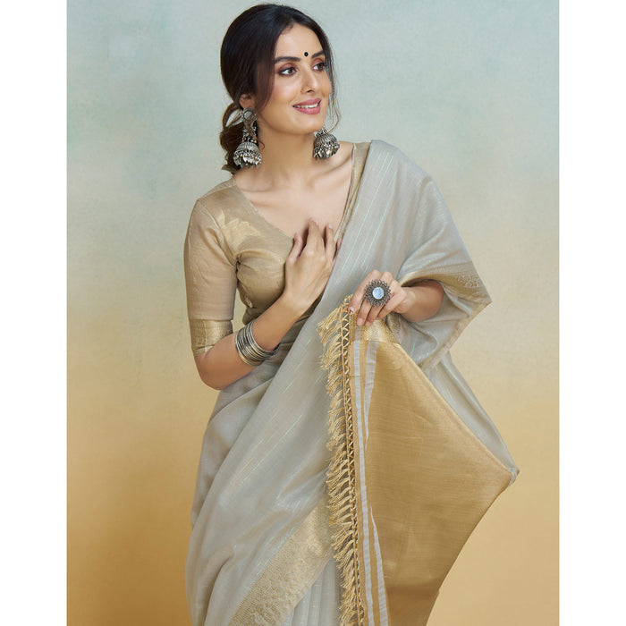 Gray Graceful Woven Handloom Pure Cotton Saree with Chanderi Cotton Clothsvilla