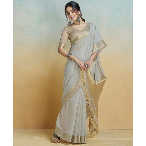 Gray Graceful Woven Handloom Pure Cotton Saree with Chanderi Cotton Clothsvilla