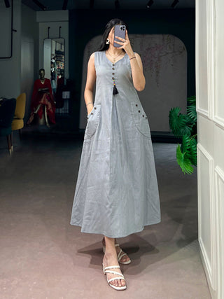 Gray Khadi Cotton A-Line Dress ClothsVilla