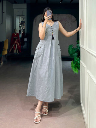 Gray Khadi Cotton A-Line Dress ClothsVilla