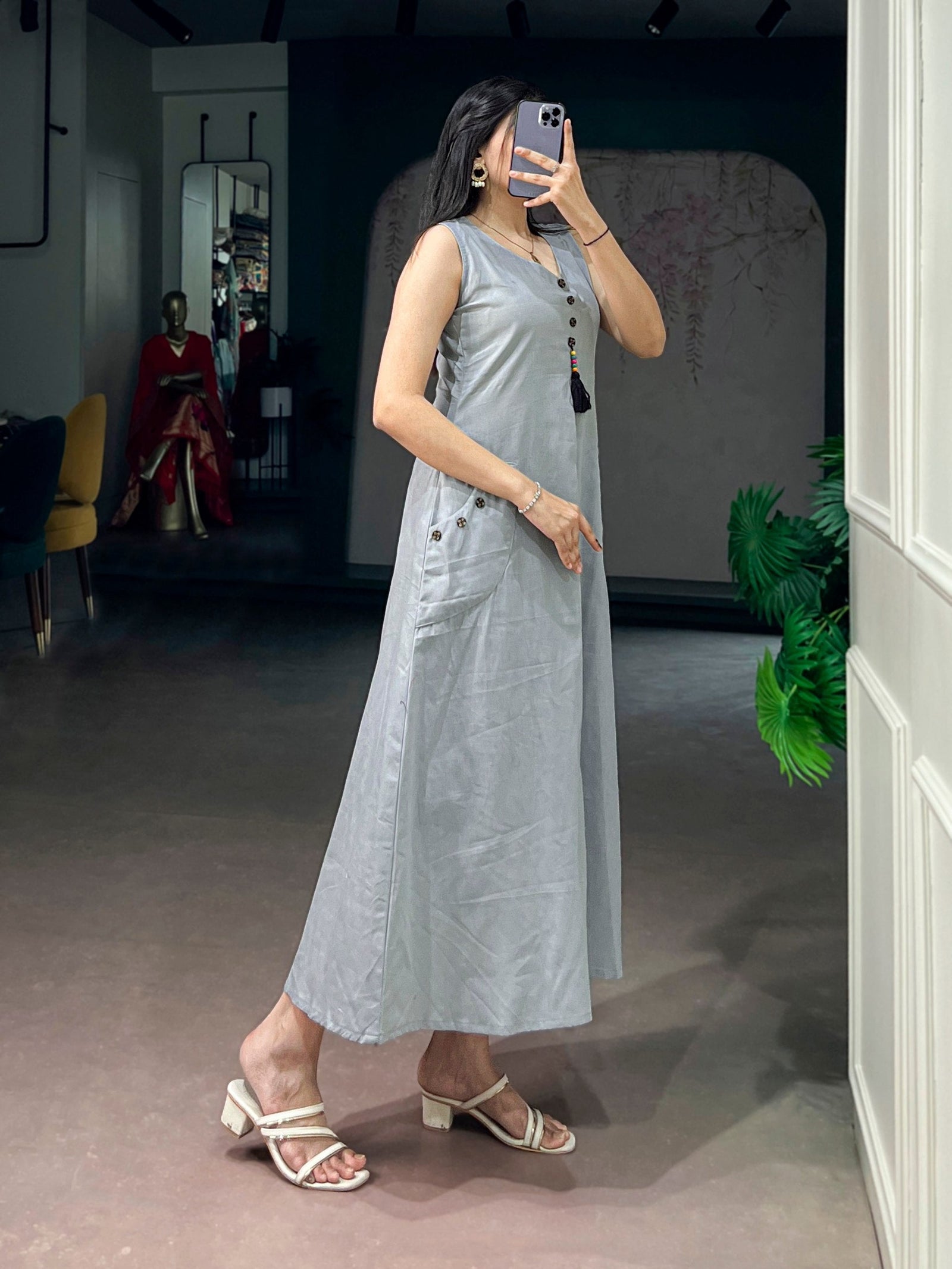 Gray Khadi Cotton A-Line Dress ClothsVilla