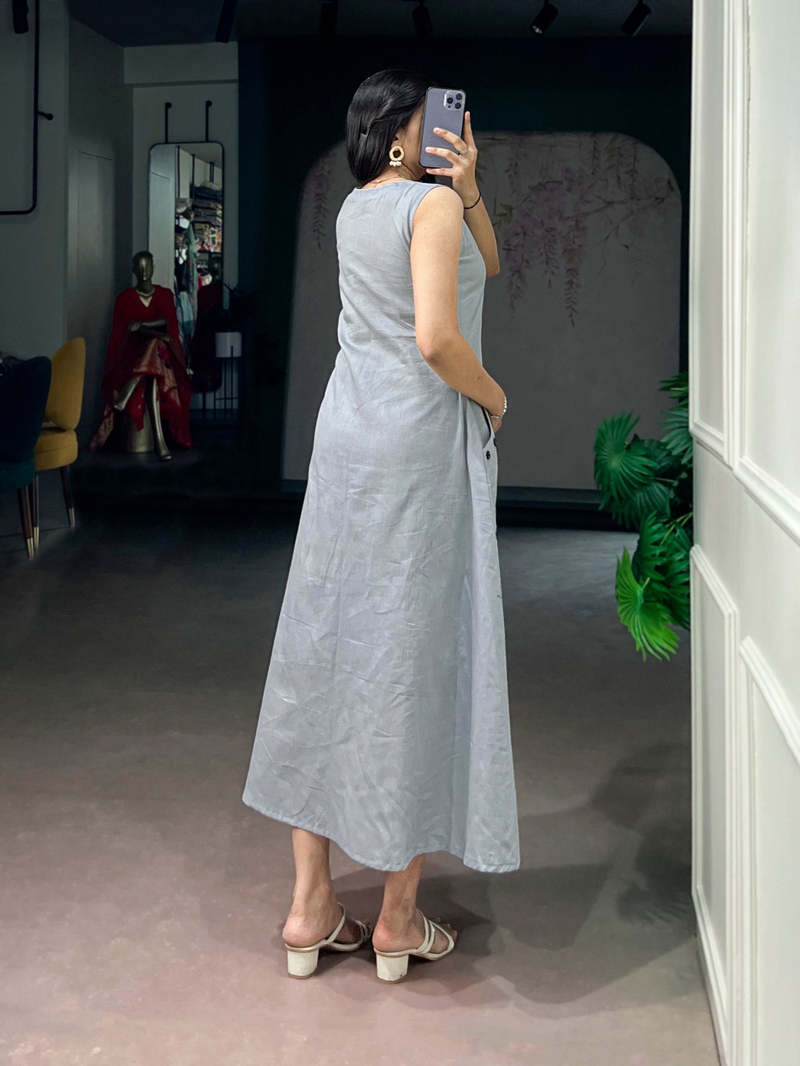 Gray Khadi Cotton A-Line Dress ClothsVilla