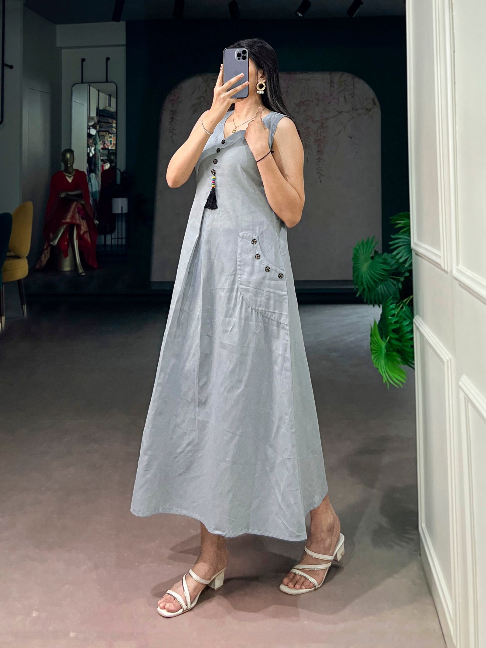 Gray Khadi Cotton A-Line Dress ClothsVilla