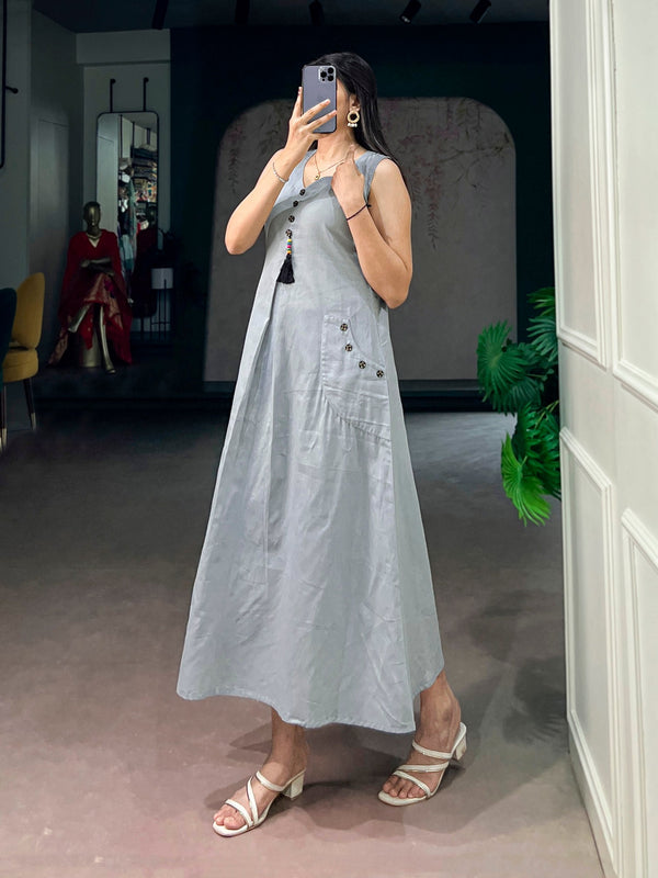 Gray Khadi Cotton A-Line Dress ClothsVilla