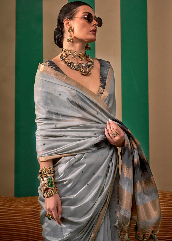 Gray Lustrous Spun Silk Saree with Cotton Blend ClothsVilla