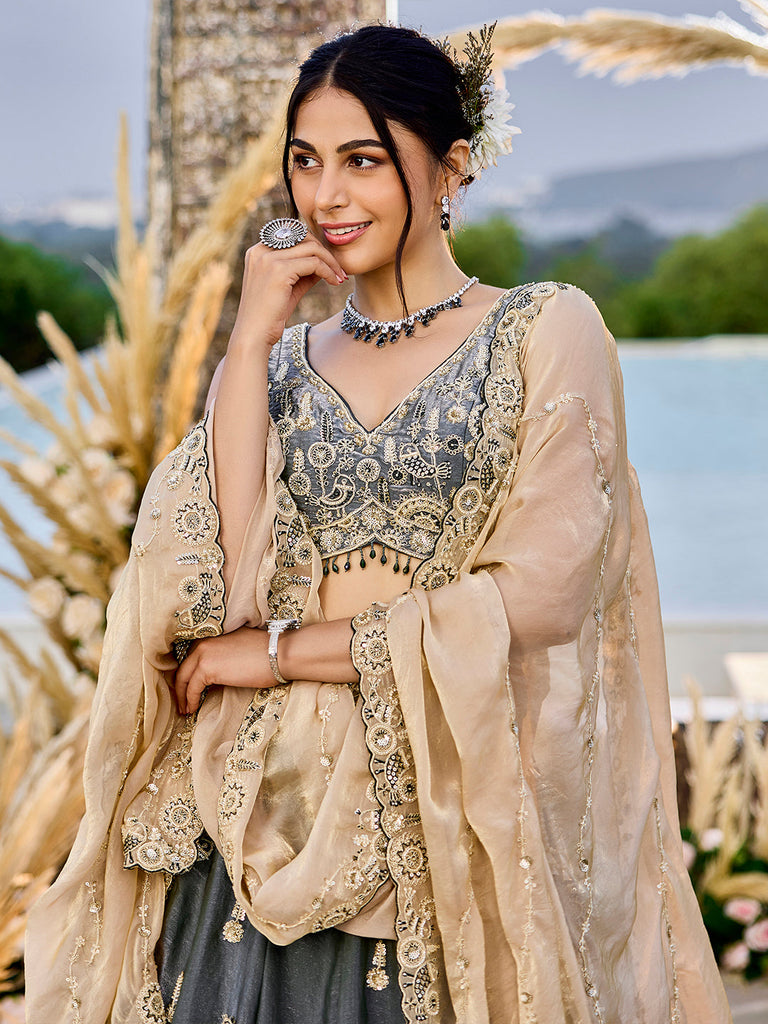 Gray Luxury Satin Silk Beads & Sequin Embroidery Work Lehenga Choli with Dupatta – 4.2 Meter Grand Flair, Fully Stitched ClothsVilla