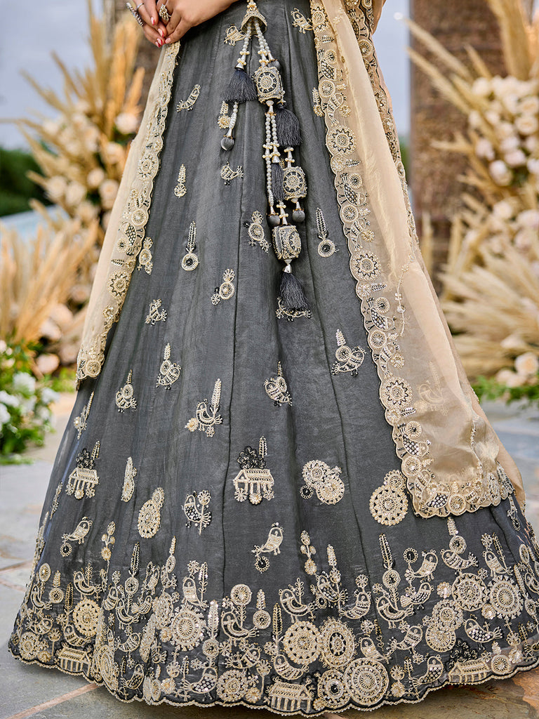 Gray Luxury Satin Silk Beads & Sequin Embroidery Work Lehenga Choli with Dupatta – 4.2 Meter Grand Flair, Fully Stitched ClothsVilla