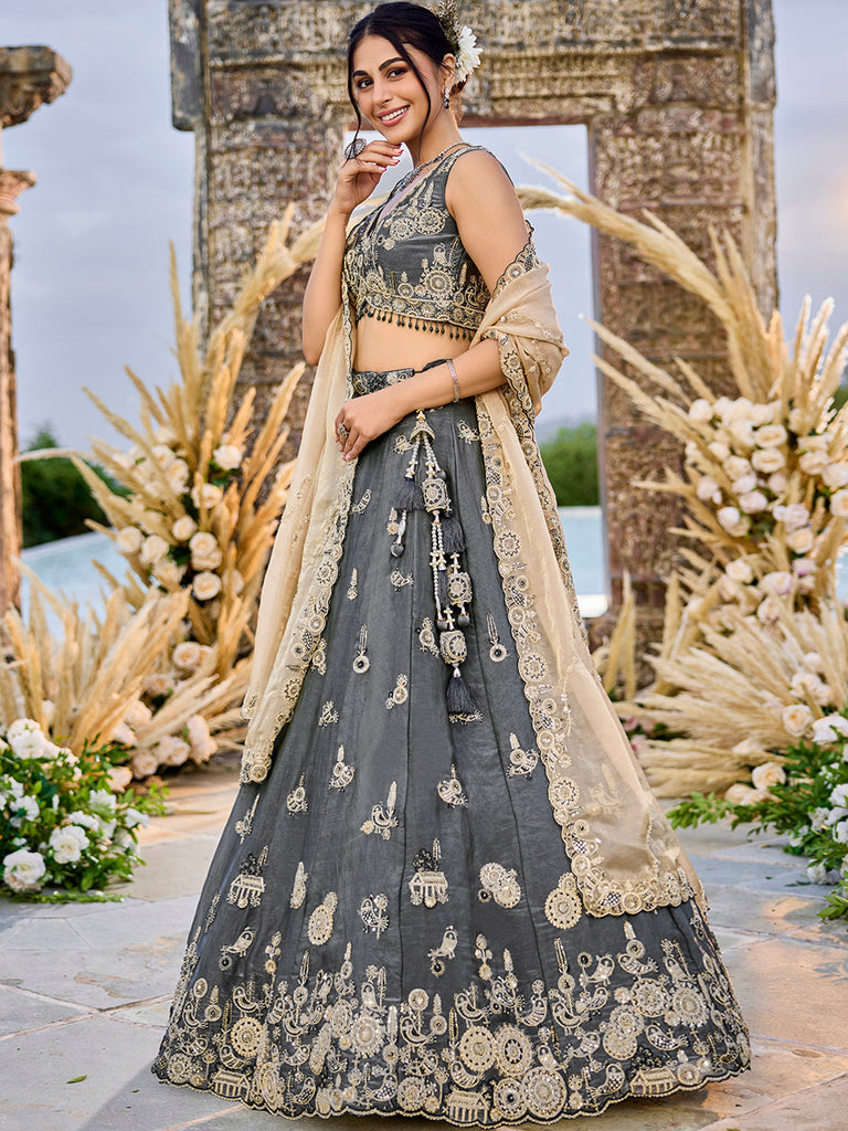 Gray Luxury Satin Silk Beads & Sequin Embroidery Work Lehenga Choli with Dupatta – 4.2 Meter Grand Flair, Fully Stitched ClothsVilla