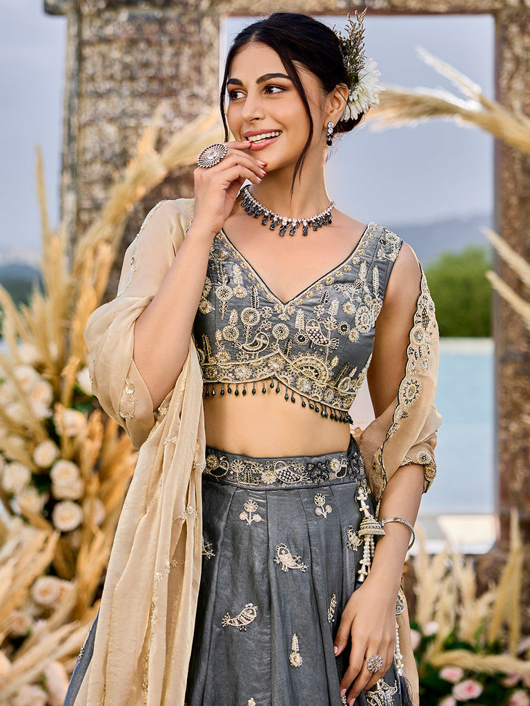 Gray Luxury Satin Silk Beads & Sequin Embroidery Work Lehenga Choli with Dupatta – 4.2 Meter Grand Flair, Fully Stitched ClothsVilla