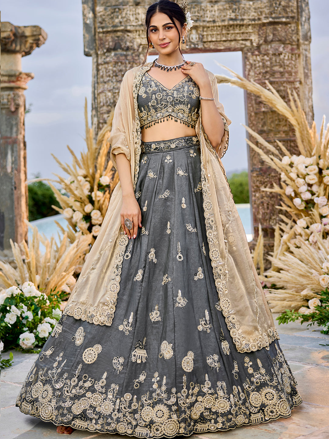 Gray Luxury Satin Silk Beads & Sequin Embroidery Work Lehenga Choli with Dupatta – 4.2 Meter Grand Flair, Fully Stitched ClothsVilla