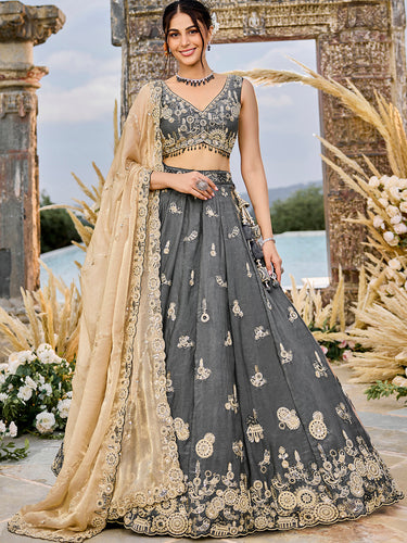 Gray Luxury Satin Silk Beads & Sequin Embroidery Work Lehenga Choli with Dupatta – 4.2 Meter Grand Flair, Fully Stitched ClothsVilla