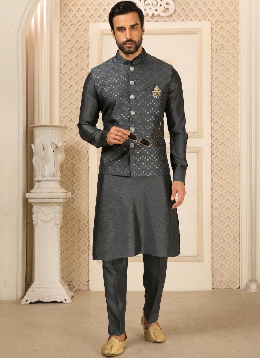 Gray Men's Roman Silk Kurta Pajama Set ClothsVilla