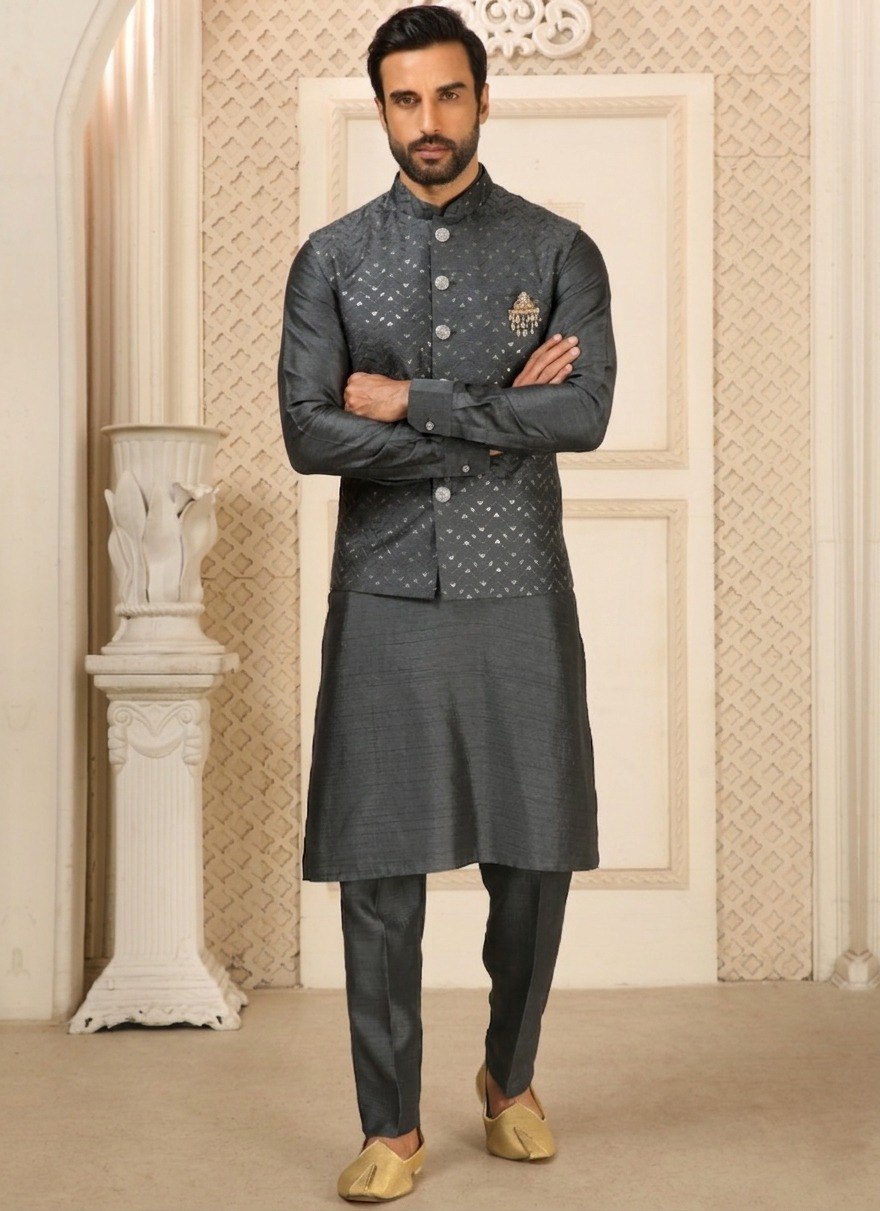 Gray Men's Roman Silk Kurta Pajama Set ClothsVilla