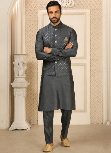 Gray Men's Roman Silk Kurta Pajama Set ClothsVilla
