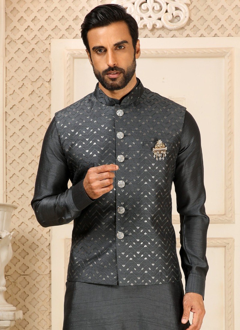 Gray Men's Roman Silk Kurta Pajama Set ClothsVilla