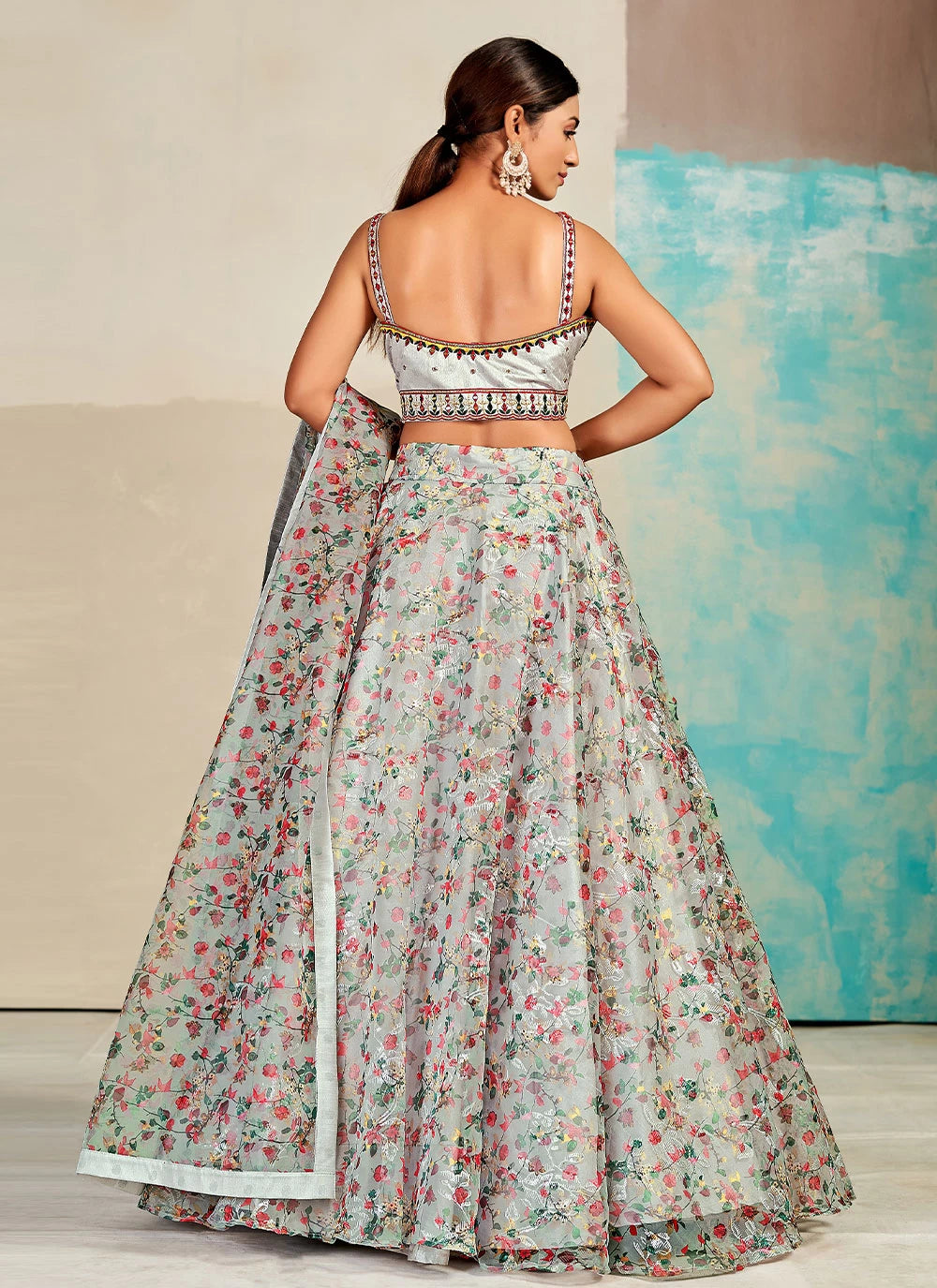 Gray Organza Floral Lehenga Choli for Womens For Indian Festival & Weddings - Print Work, Mirror Work, Thread Embroidery Work Clothsvilla