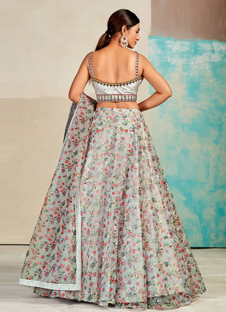 Gray Organza Floral Lehenga Choli for Womens For Indian Festival & Weddings - Print Work, Mirror Work, Thread Embroidery Work Clothsvilla