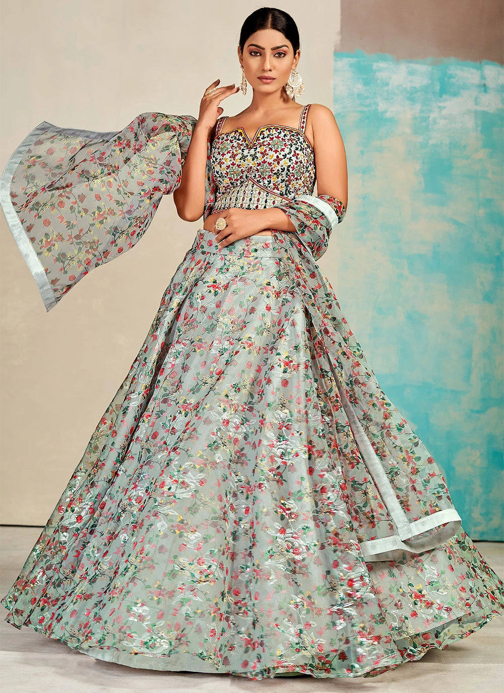 Gray Organza Floral Lehenga Choli for Womens For Indian Festival & Weddings - Print Work, Mirror Work, Thread Embroidery Work Clothsvilla
