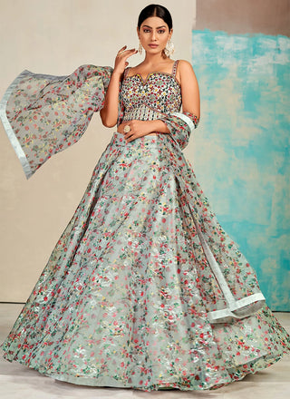 Gray Organza Floral Lehenga Choli for Womens For Indian Festival & Weddings - Print Work, Mirror Work, Thread Embroidery Work Clothsvilla