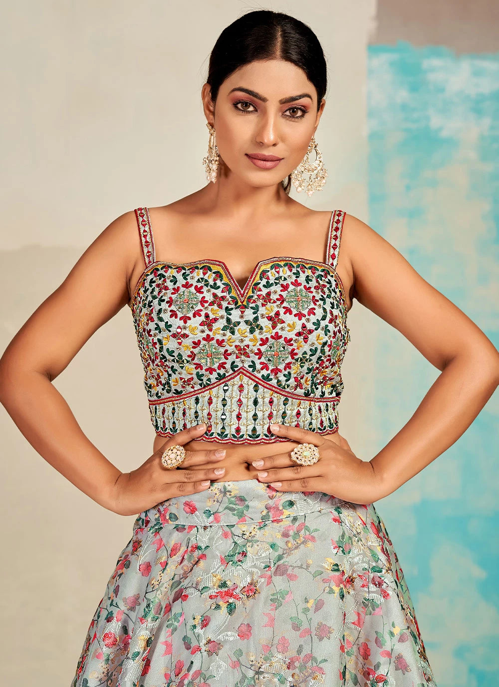 Gray Organza Floral Lehenga Choli for Womens For Indian Festival & Weddings - Print Work, Mirror Work, Thread Embroidery Work Clothsvilla