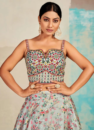 Gray Organza Floral Lehenga Choli for Womens For Indian Festival & Weddings - Print Work, Mirror Work, Thread Embroidery Work Clothsvilla